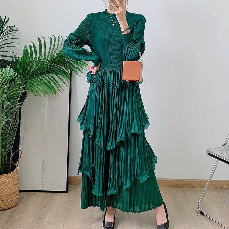 Pleated French Women's Dress  Chic New Ruffled High-End Design Long Sleeve dress