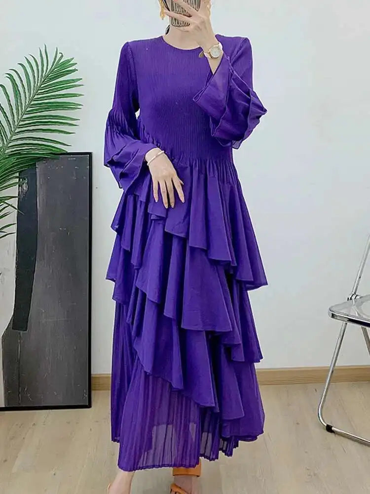 New Ruffles Pleated Dress Women Round Neck Flare Sleeves Loose Chic Long Length dress