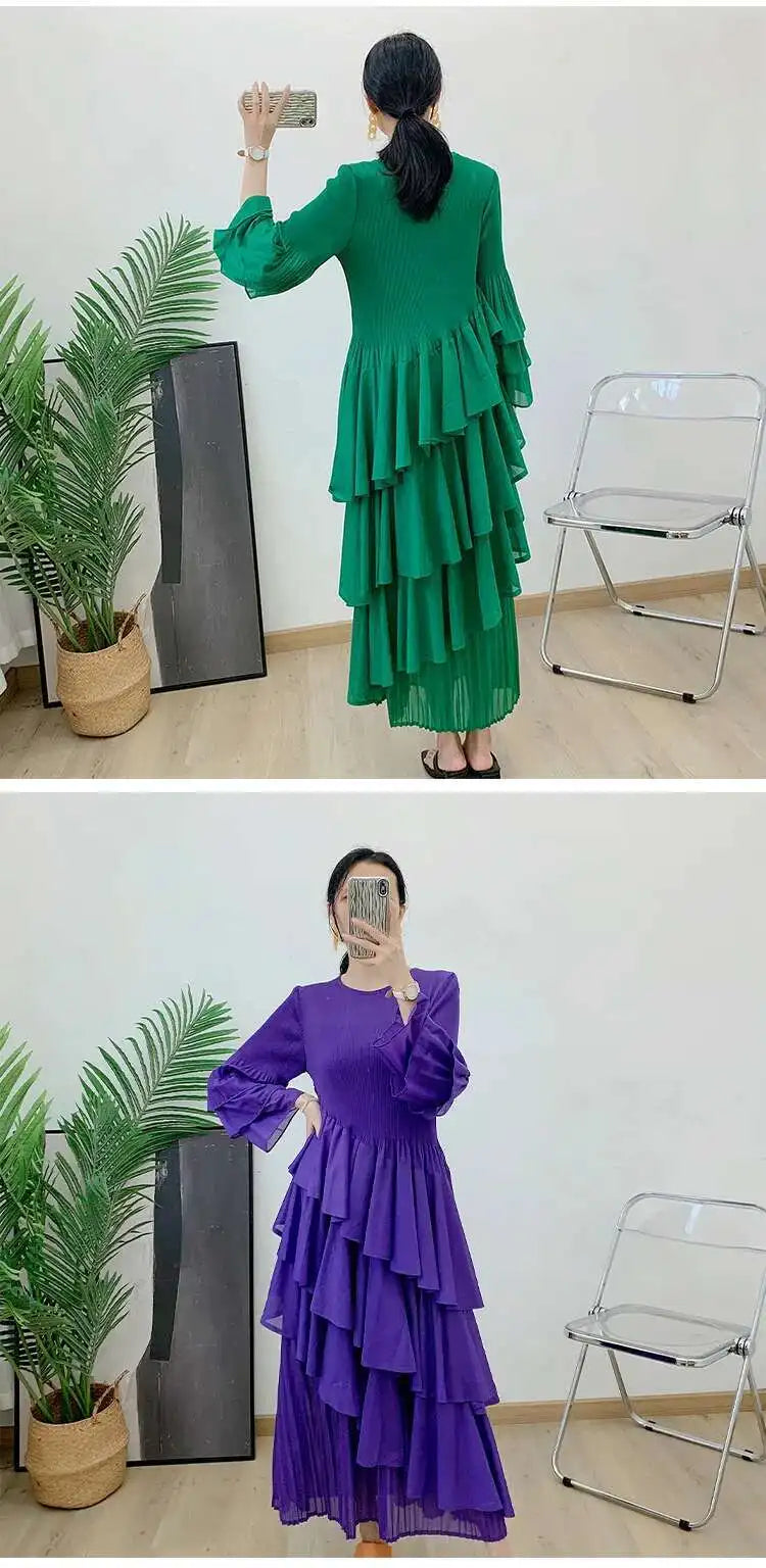 New Ruffles Pleated Dress Women Round Neck Flare Sleeves Loose Chic Long Length dress