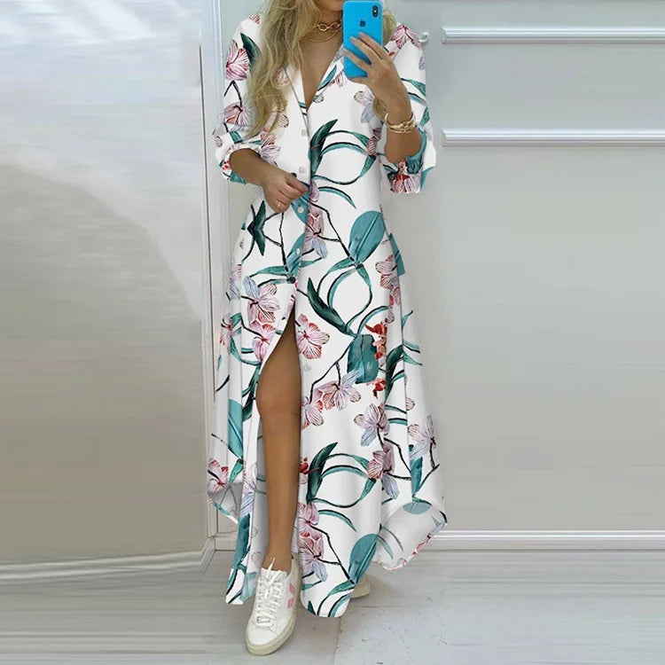 Autumn Women's  A-line Lapel Slit Long Sleeved Elegant Dress