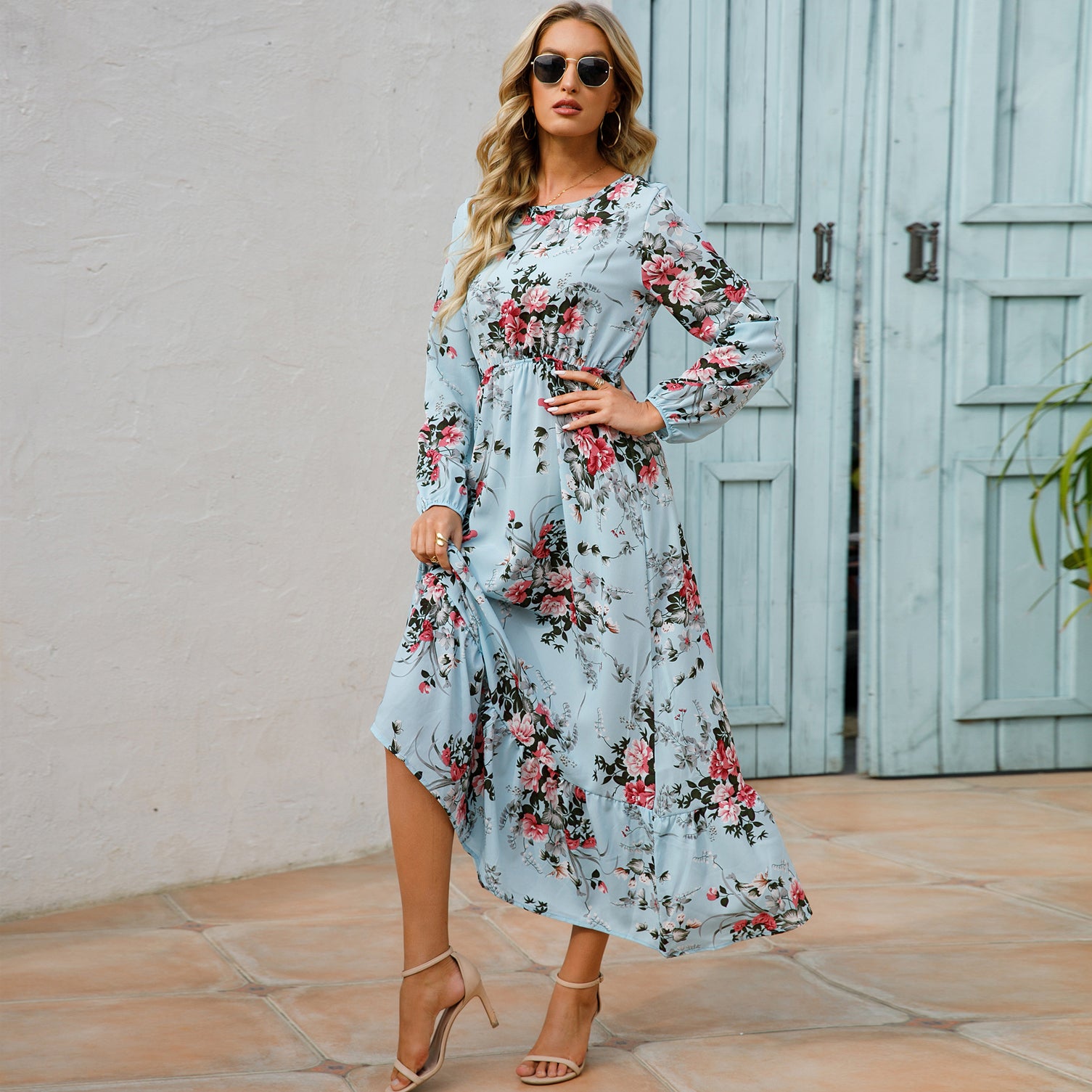Women Maxi Dress Casual Long Sleeve High Waist   Chiffon Dress