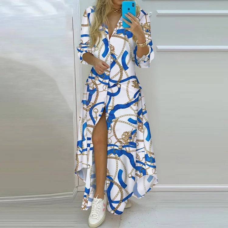 Autumn Women's  A-line Lapel Slit Long Sleeved Elegant Dress