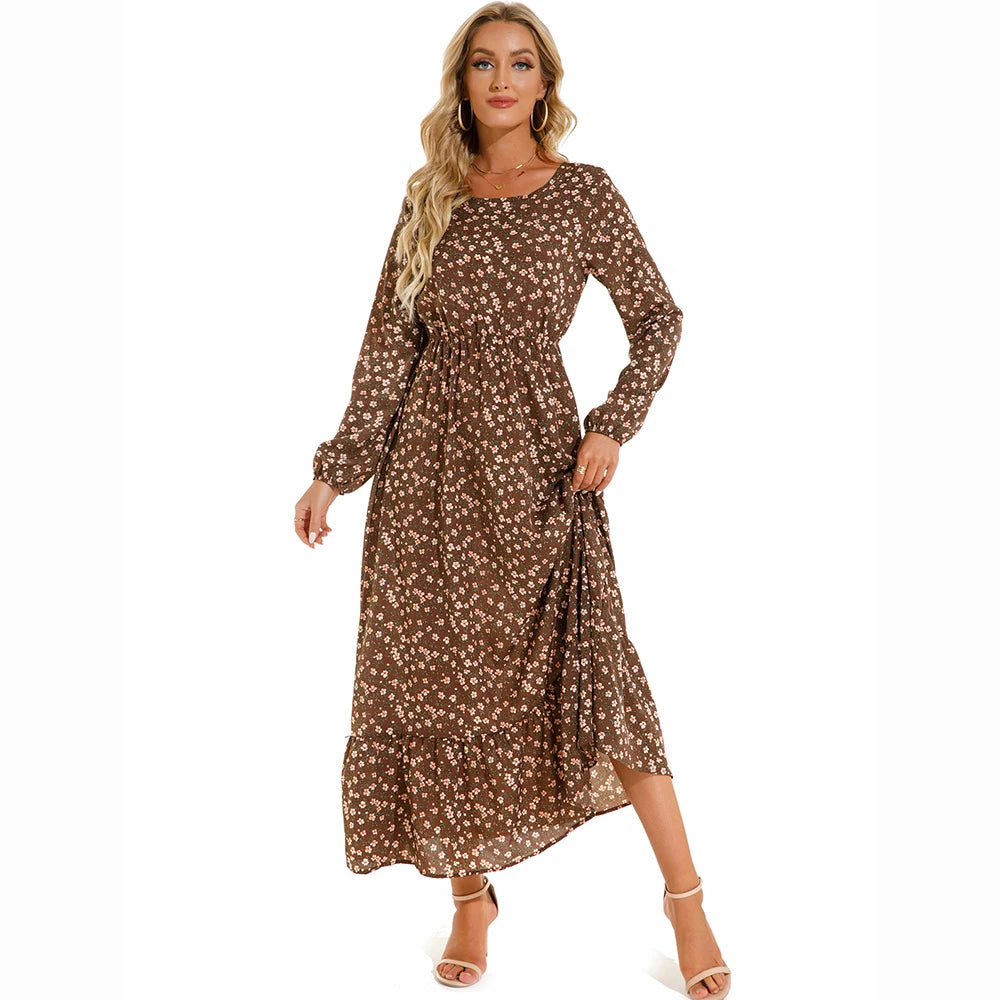 Women Maxi Dress Casual Long Sleeve High Waist   Chiffon Dress