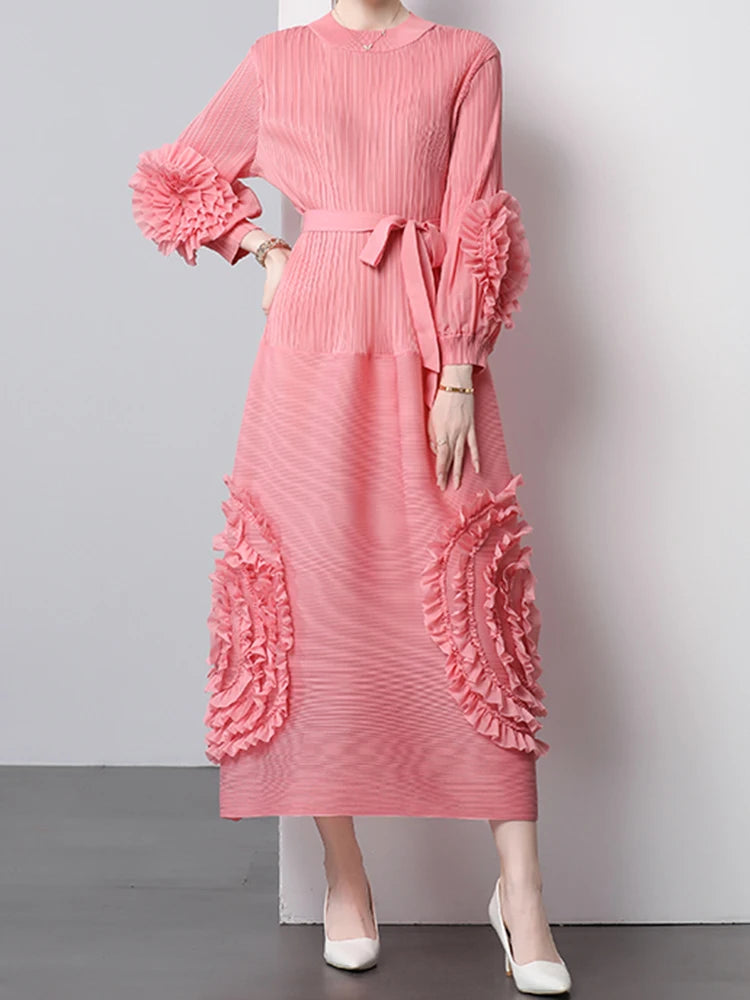 3D Flower Pleated Dress Bubble Sleeves High Waist Designer High-end Temperament Belt Long Dresses
