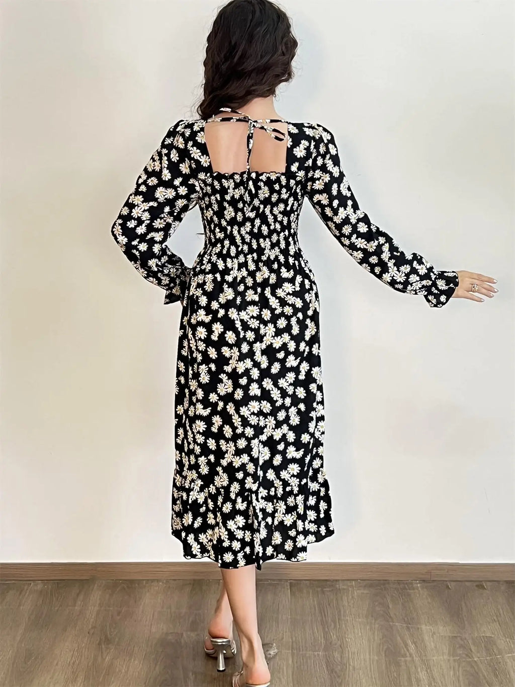 Autumn  Casual Dress Women Chiffon Dresses Long Sleeve A-line Printed Floral Elastic Chest Lace Up Midi Dresses