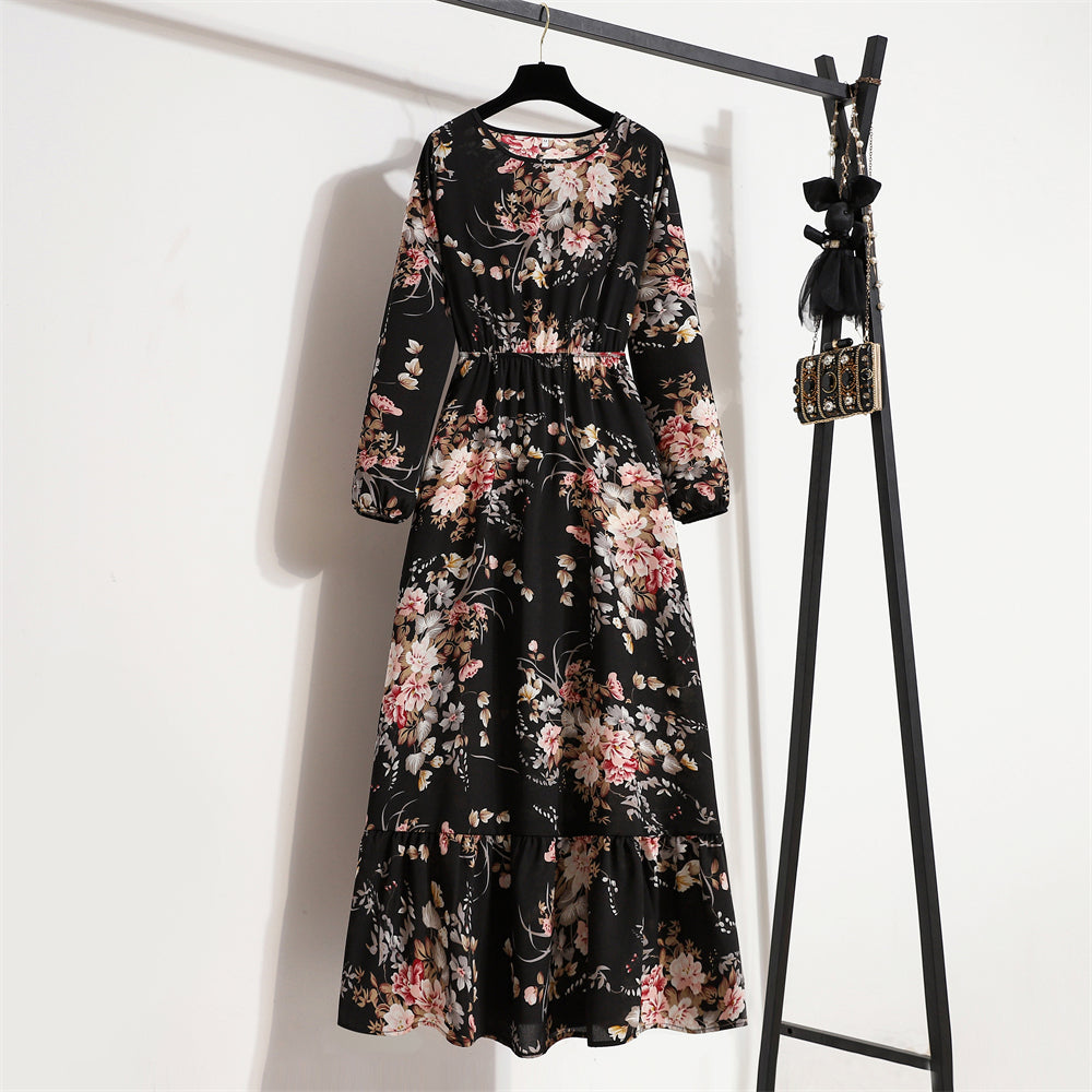 Women Maxi Dress Casual Long Sleeve High Waist   Chiffon Dress