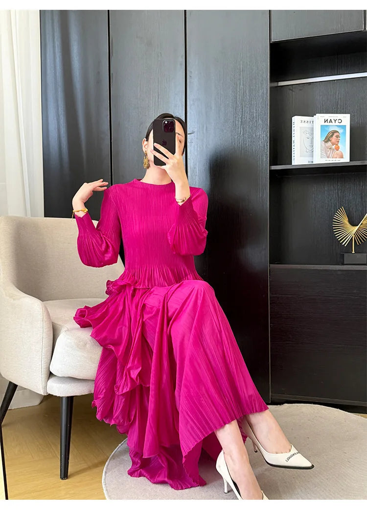 Pleated French Women's Dress  Chic New Ruffled High-End Design Long Sleeve dress