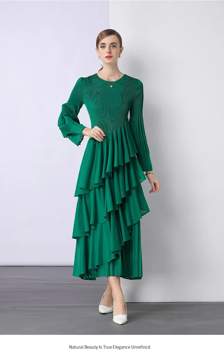 Chiffon  Long Sleeve Empire Waist Dress Draped Skirt Heavy Embellishment  Leaf Edge  Style Dress