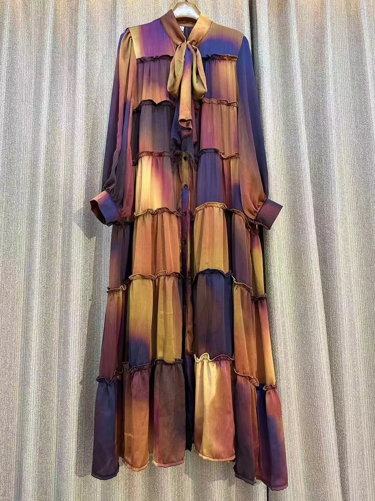 Jarlrysberg Luxury Women's Purple Print Dress  2025 Bow Neck Lantern Sleeve Ruffles Loose Fit Elegant Party Big Swing Robe