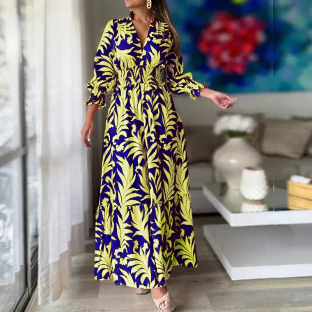 Waist  Pullover  Flower Printed Long Sleeve Autumn Winter New Long Dress Big Hem Dress Long Maxi