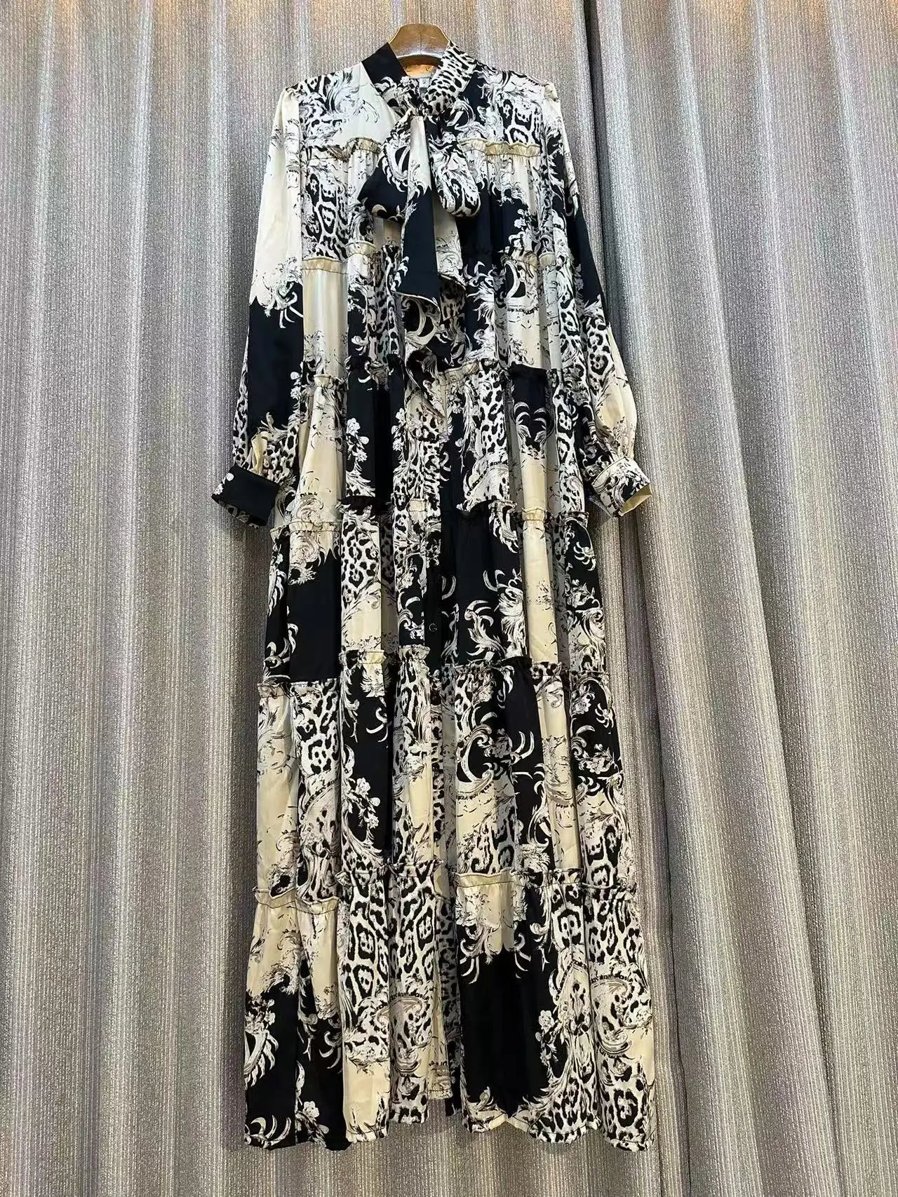 Luxury Dress For Women Print Dress Bow Neck Long Sleeve Loose Fashion  Evening  Swing Dress