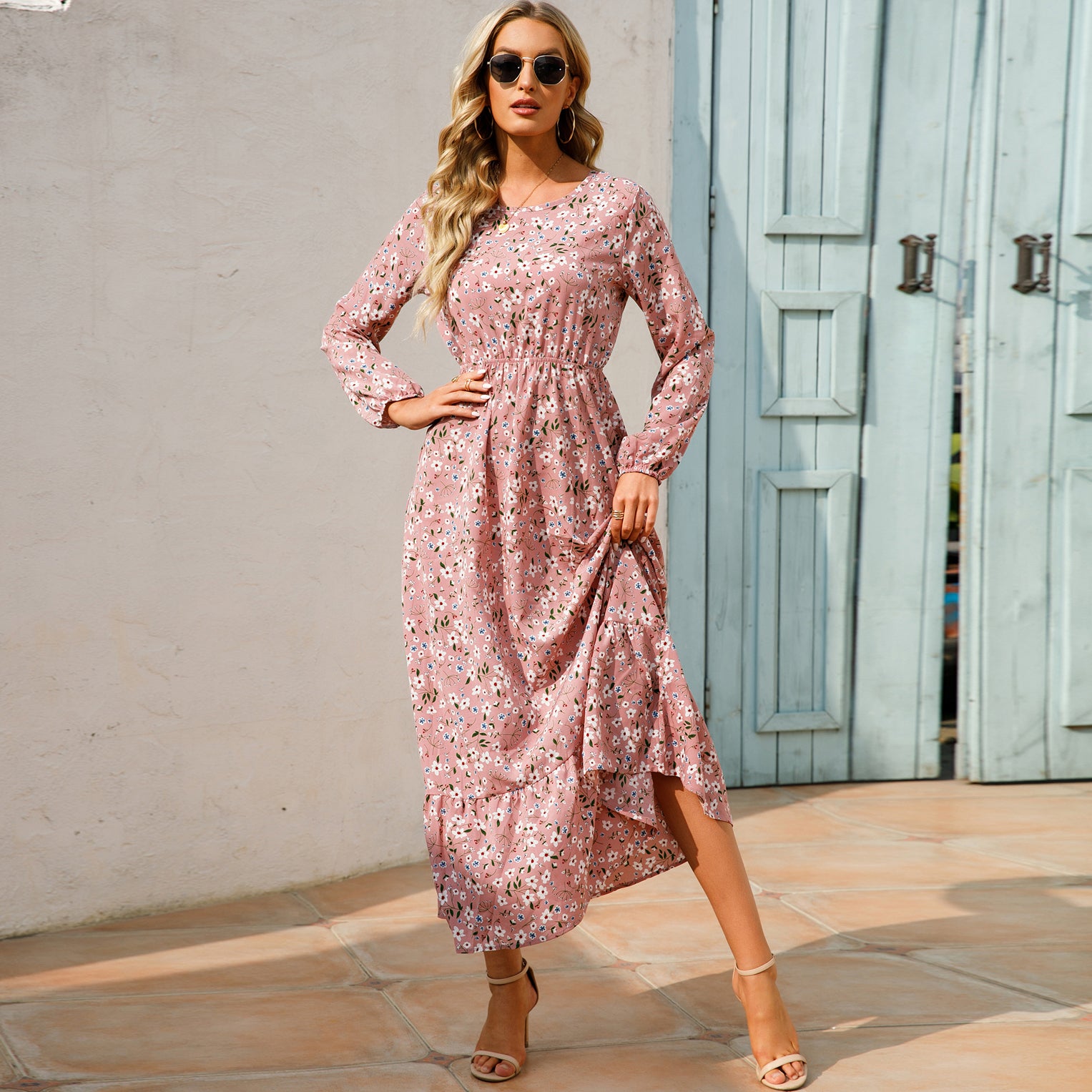 Women Maxi Dress Casual Long Sleeve High Waist   Chiffon Dress