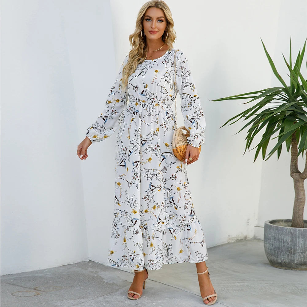 Women Maxi Dress Casual Long Sleeve High Waist   Chiffon Dress
