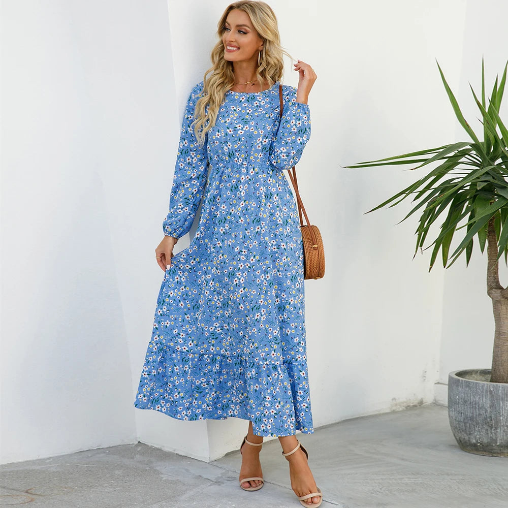 Women Maxi Dress Casual Long Sleeve High Waist   Chiffon Dress