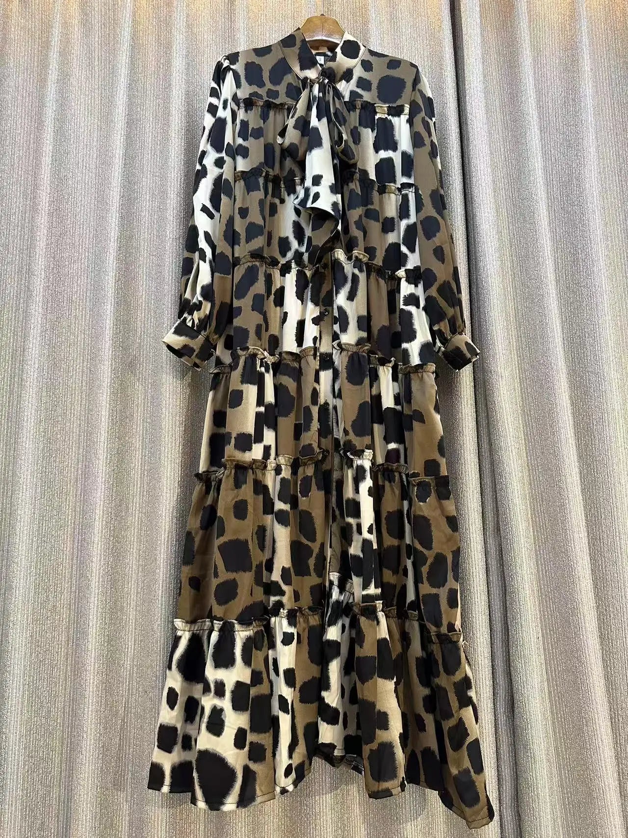 Luxury Dress For Women Print Dress Bow Neck Long Sleeve Loose Fashion  Evening  Swing Dress