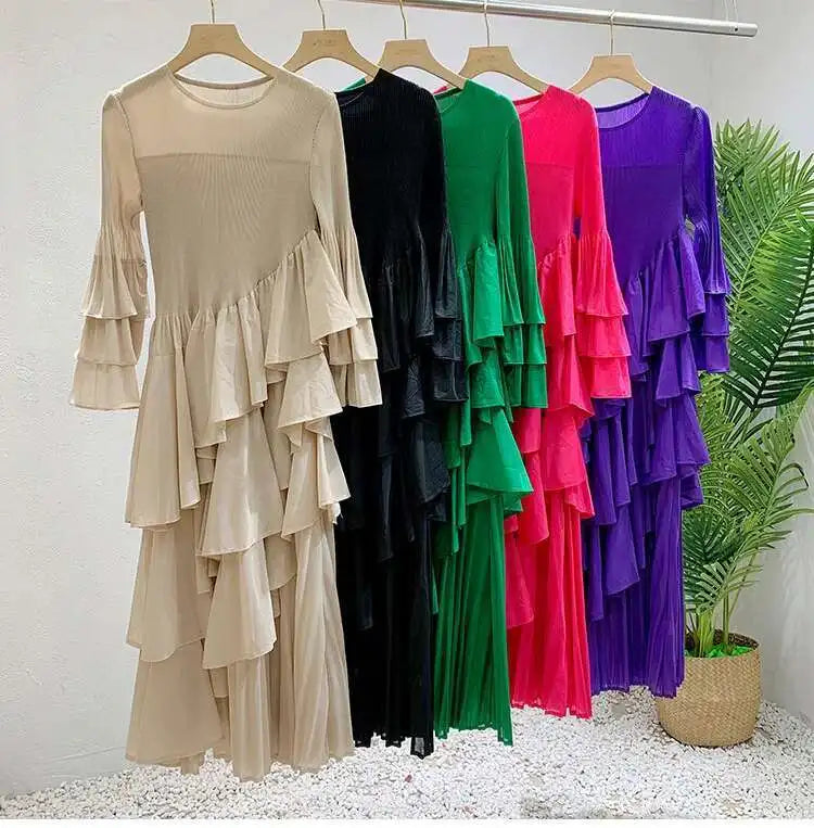 New Ruffles Pleated Dress Women Round Neck Flare Sleeves Loose Chic Long Length dress