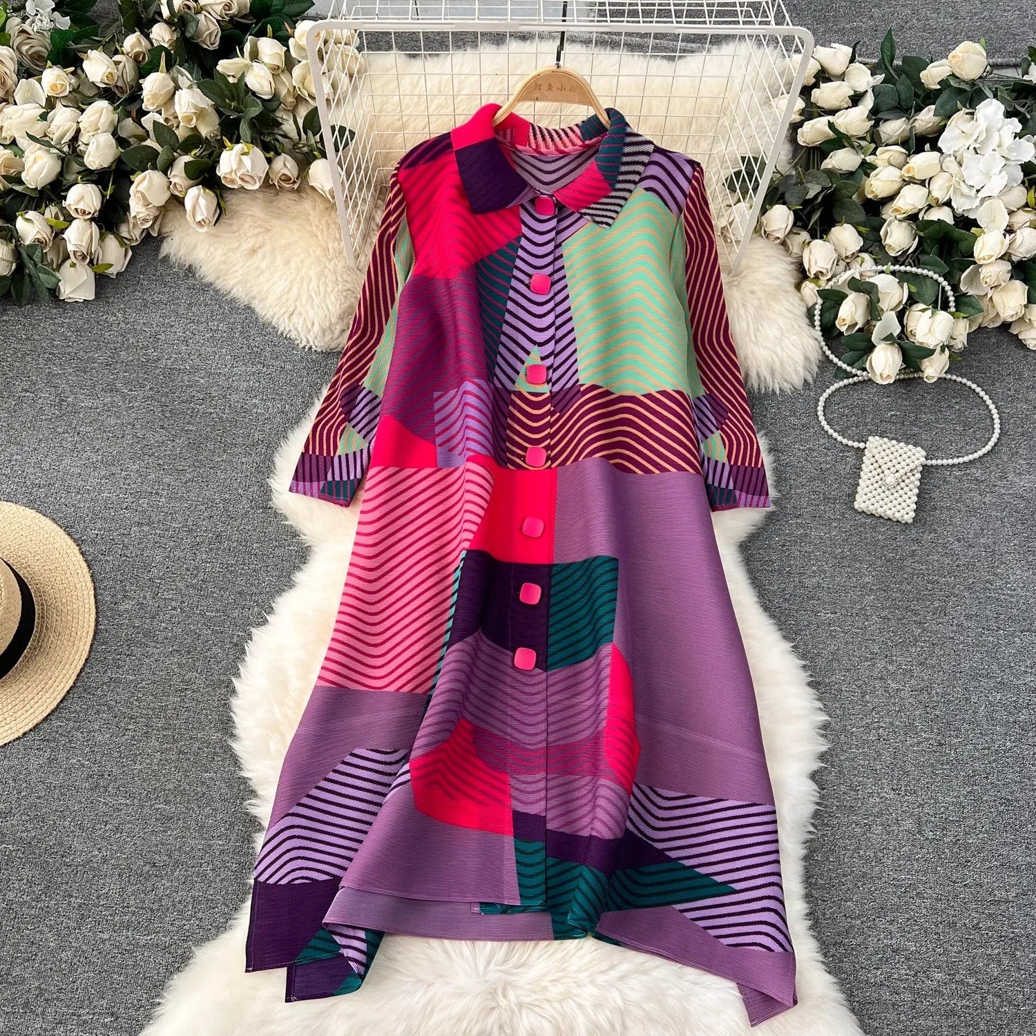 Miyake Pleated Drape Dress Women 2024 Spring Summer Colorblock Printing Lapel 3/4 Sleeve Single-breasted Fashion Shirt Dresses