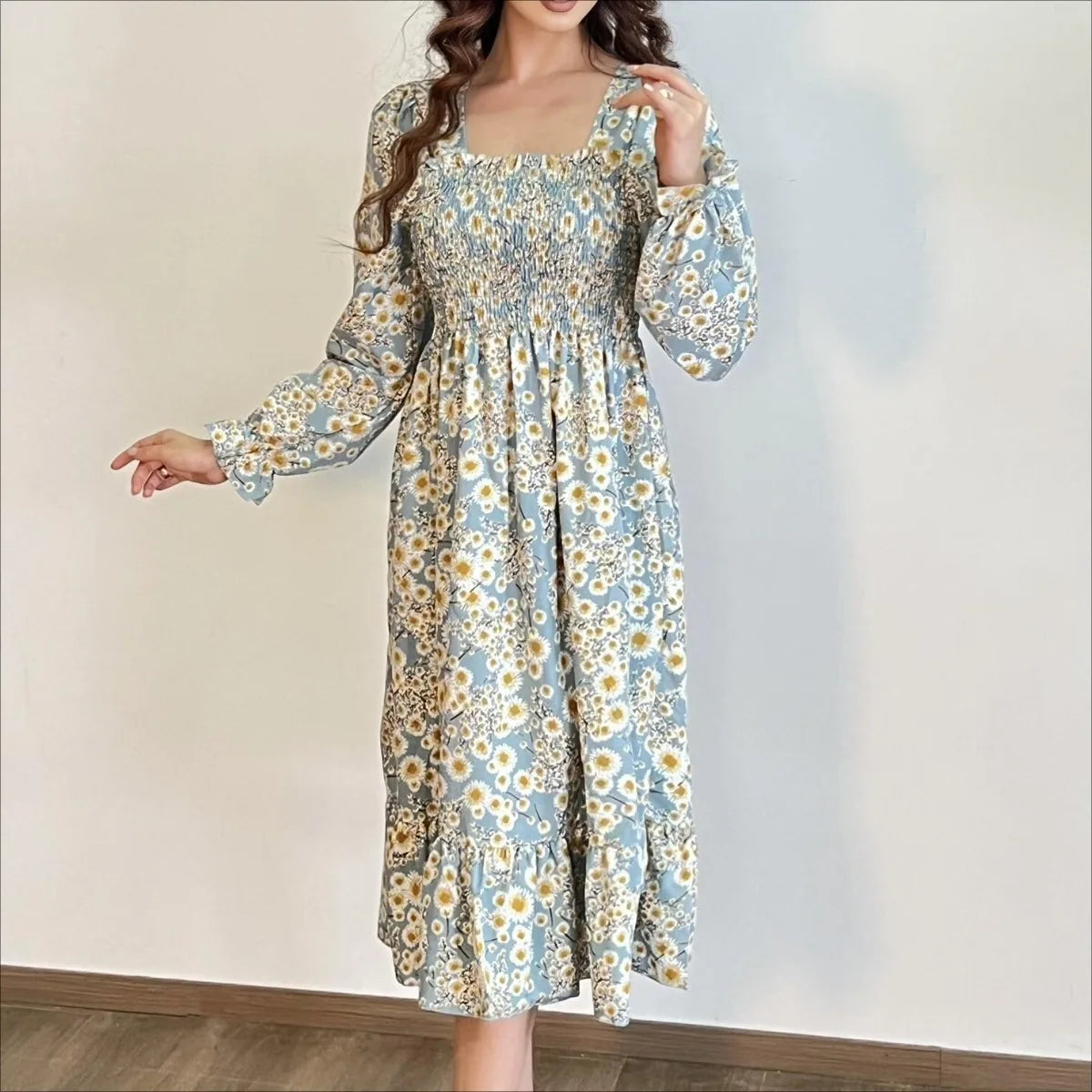 Autumn  Casual Dress Women Chiffon Dresses Long Sleeve A-line Printed Floral Elastic Chest Lace Up Midi Dresses