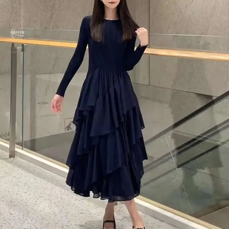 Miyake Elegant Pleated Long Dress for Women Round Neck Long Sleeves Ruffles A-line Dresses