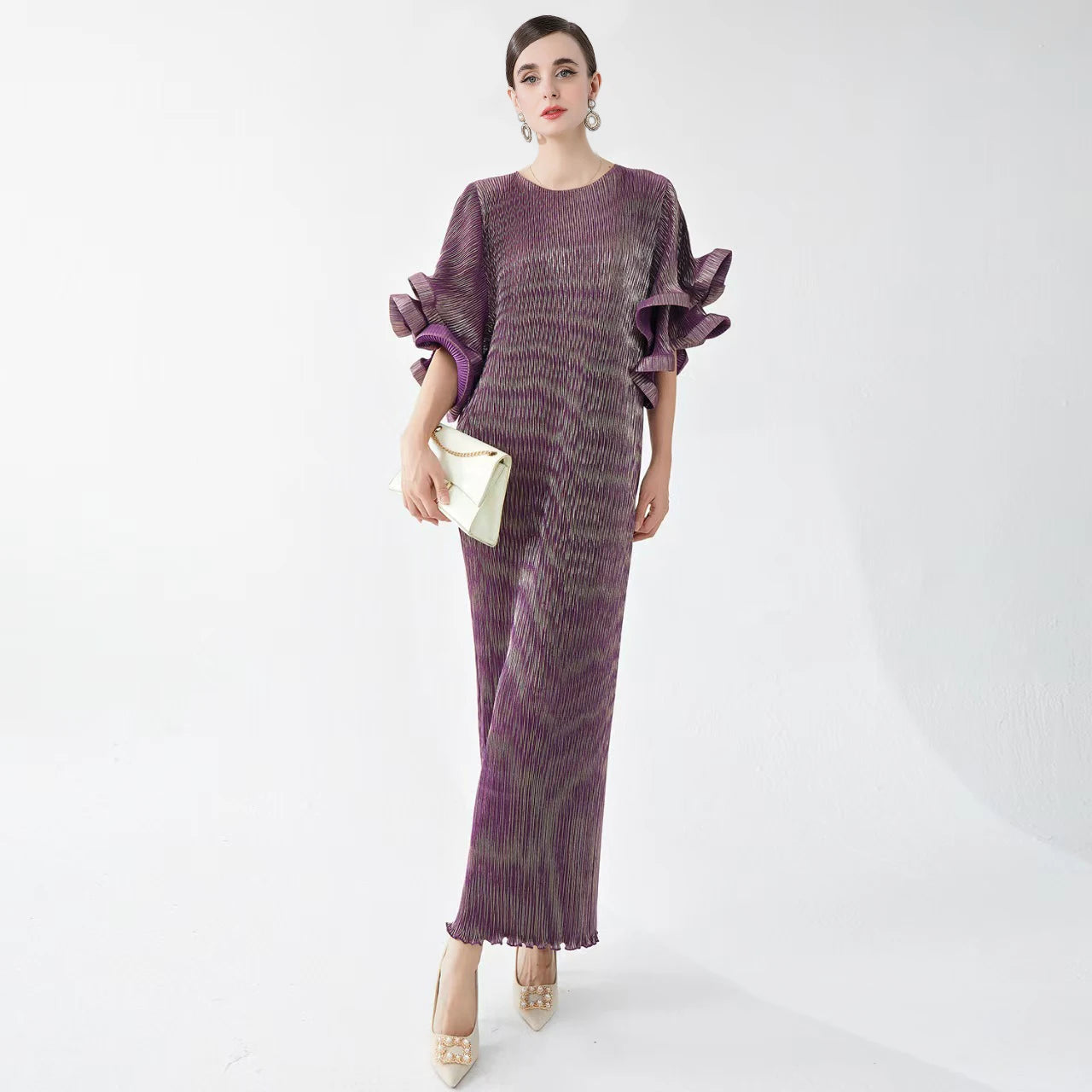 Miyake Dress for Women Looks Slim and Luxurious Round Neck Flared Sleeves with Loose Fit Gilded Pleated Elegant Dress Long Skirt