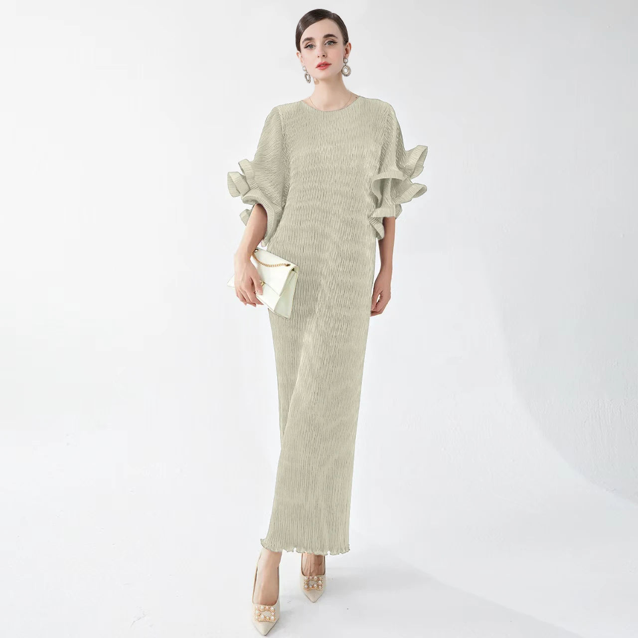 Miyake Dress for Women Looks Slim and Luxurious Round Neck Flared Sleeves with Loose Fit Gilded Pleated Elegant Dress Long Skirt