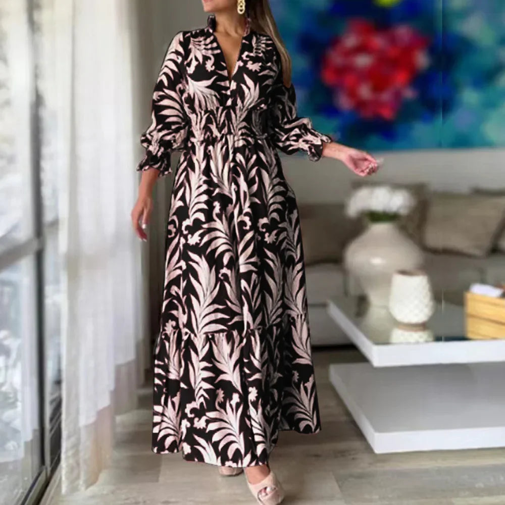 Waist  Pullover  Flower Printed Long Sleeve Autumn Winter New Long Dress Big Hem Dress Long Maxi