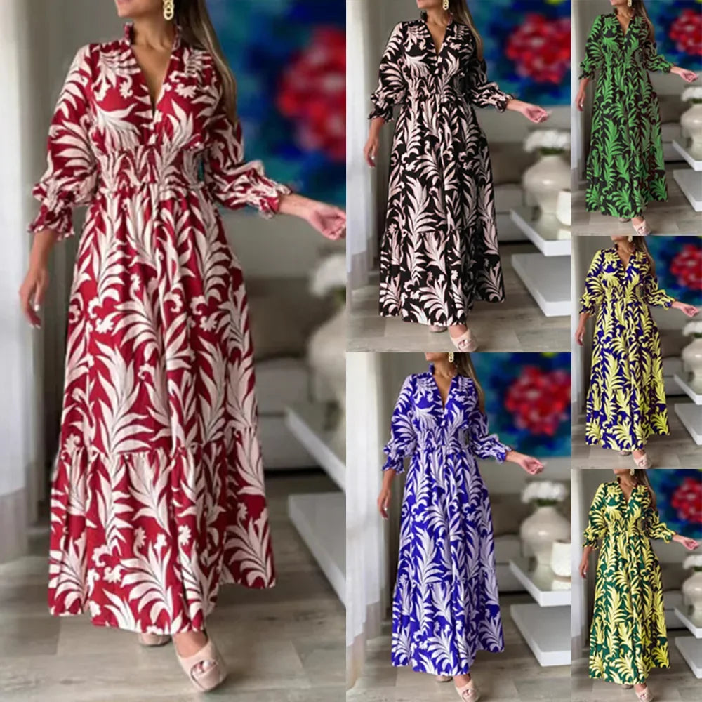 Waist  Pullover  Flower Printed Long Sleeve Autumn Winter New Long Dress Big Hem Dress Long Maxi