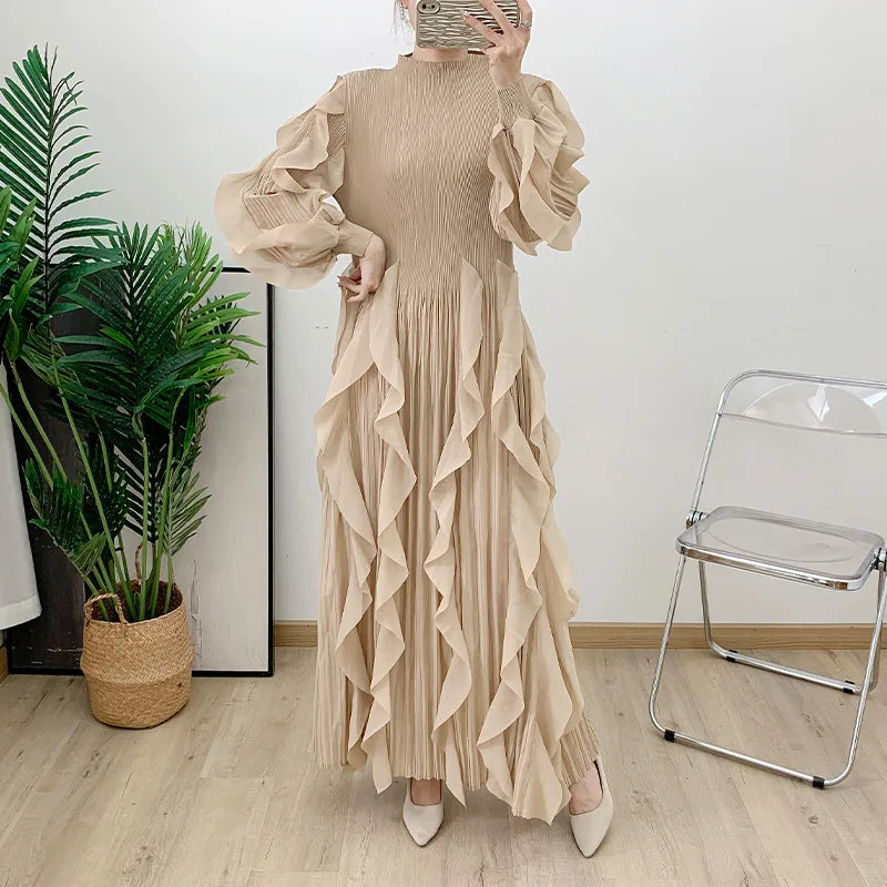 Fashion Ruffles Pleated Dress Women Round Neck Flare Sleeves Solid Maxi Dress