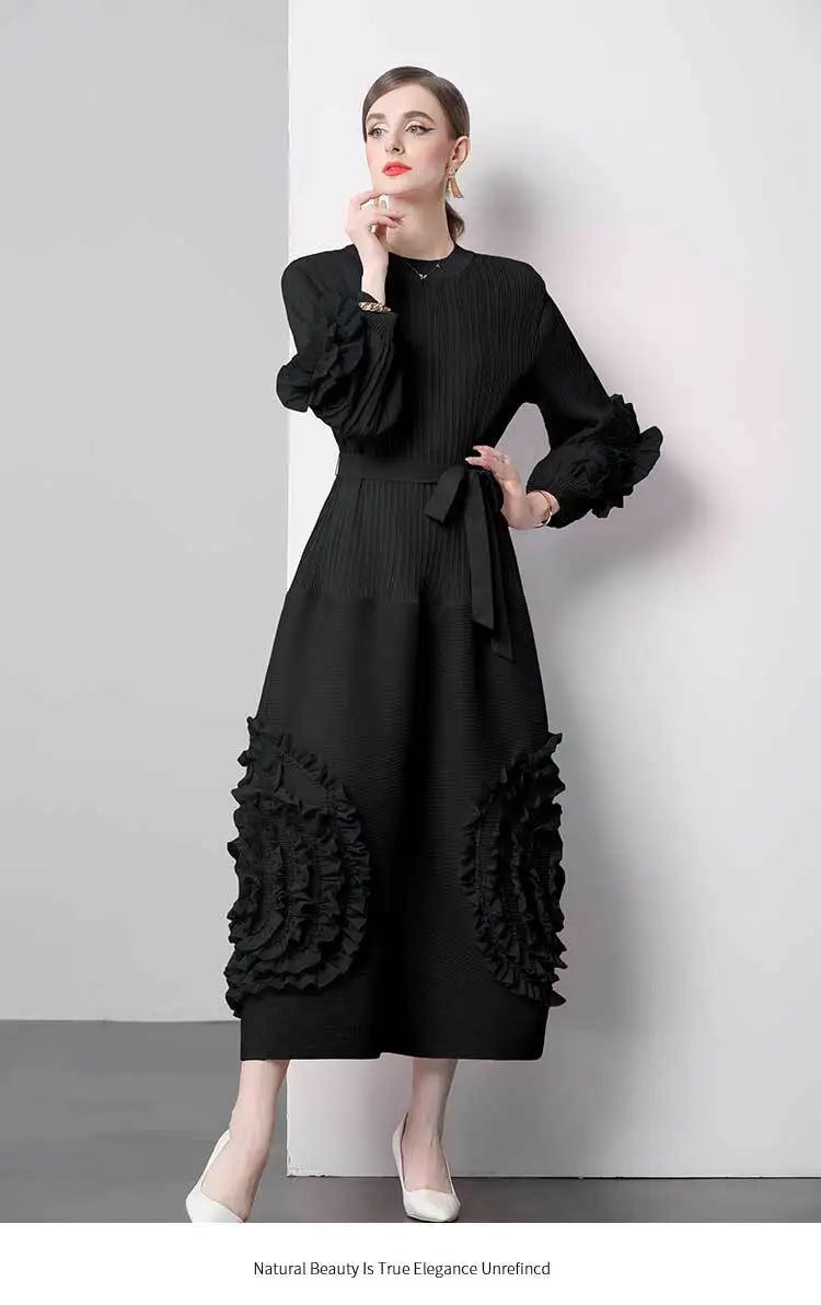 3D Flower Pleated Dress Bubble Sleeves High Waist Designer High-end Temperament Belt Long Dresses