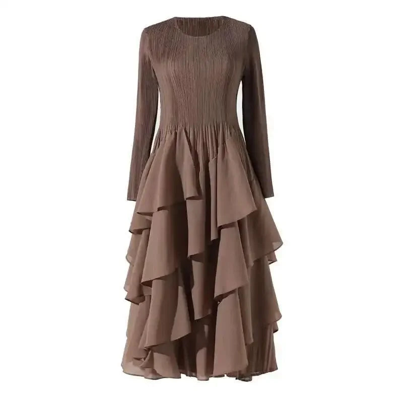 Miyake Elegant Pleated Long Dress for Women Round Neck Long Sleeves Ruffles A-line Dresses