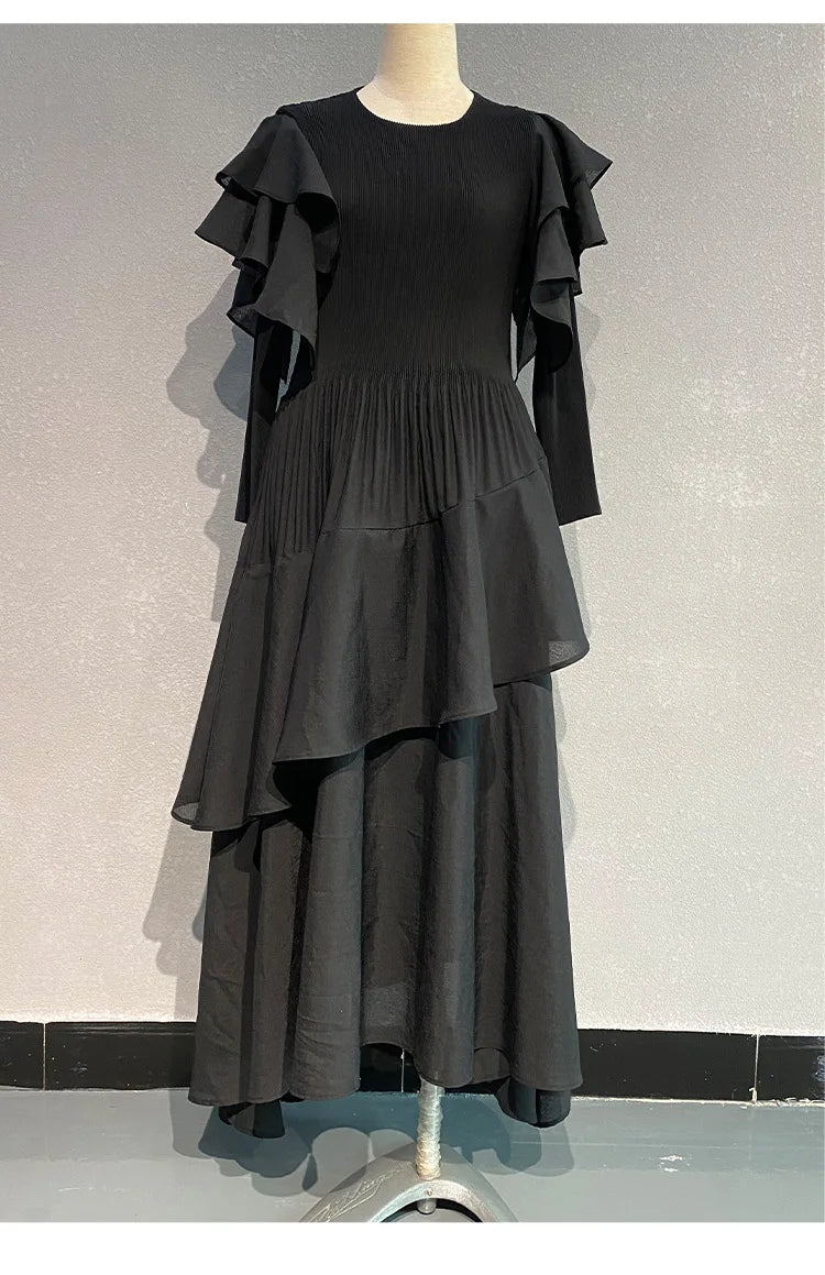 Fashion Pleated Long Dress  Design Sense Crew-neck Long Sleeve Pleated Dresses