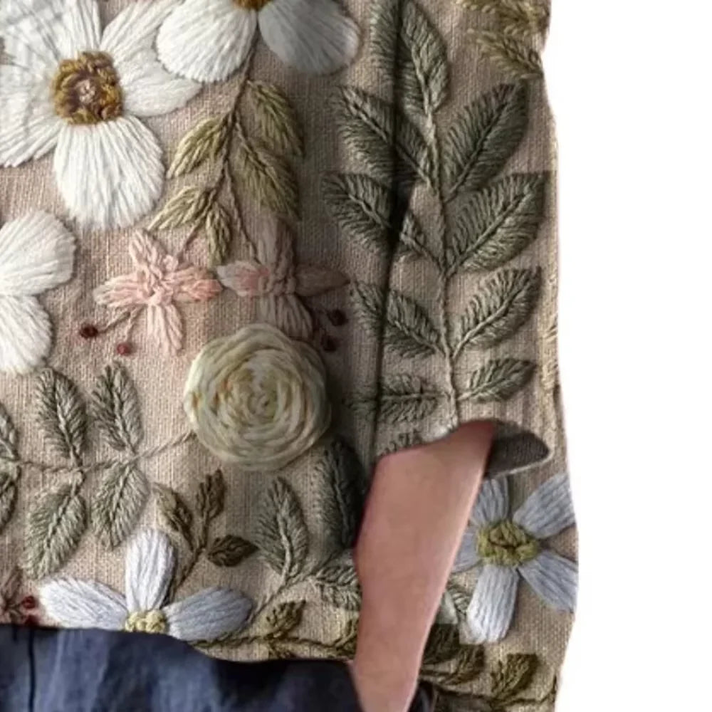 Plus Size Floral Printed Imitation Linen Women’s Vintage T-Shirt Round Neck 3/4 Sleeve Loose Summer Female Casual Daily Top Tees