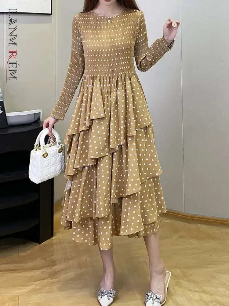 Women's Polka Dot Dress  Design Long Sleeves Ruffles Elegant Dresses