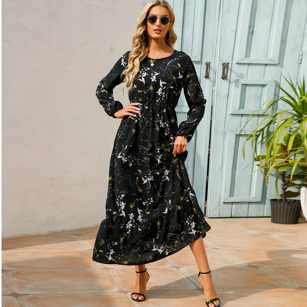 Women Maxi Dress Casual Long Sleeve High Waist   Chiffon Dress