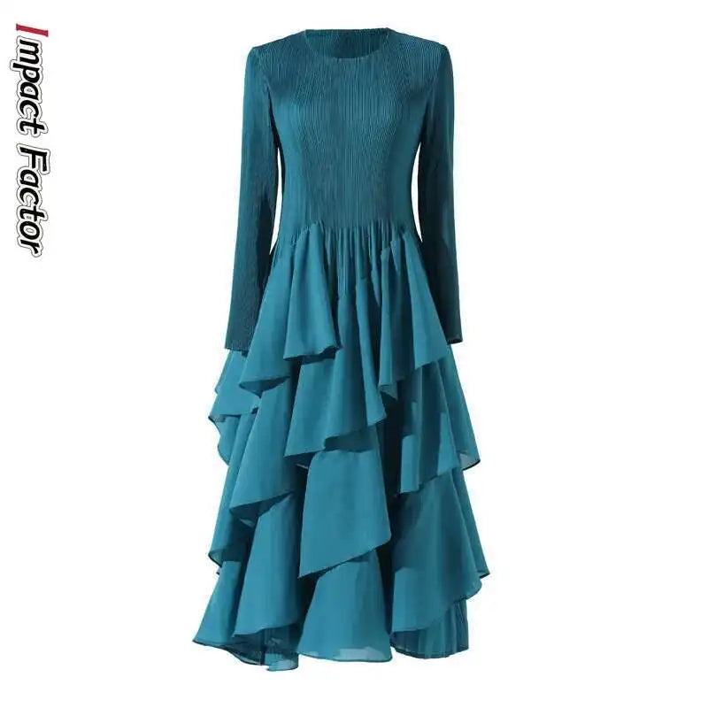 Miyake Elegant Pleated Long Dress for Women Round Neck Long Sleeves Ruffles A-line Dresses