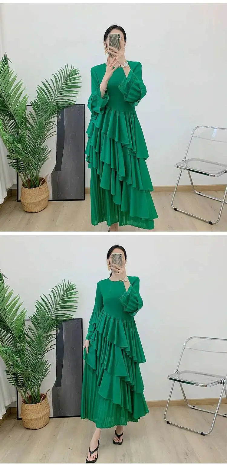 New Ruffles Pleated Dress Women Round Neck Flare Sleeves Loose Chic Long Length dress