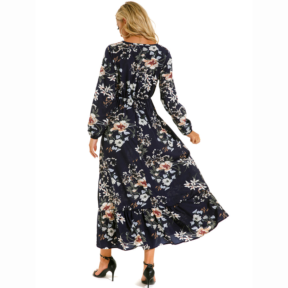 Women Maxi Dress Casual Long Sleeve High Waist   Chiffon Dress