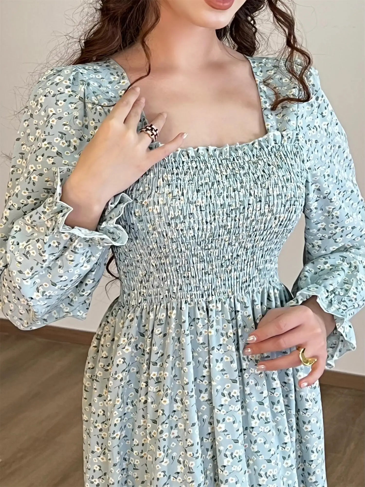 Autumn  Casual Dress Women Chiffon Dresses Long Sleeve A-line Printed Floral Elastic Chest Lace Up Midi Dresses
