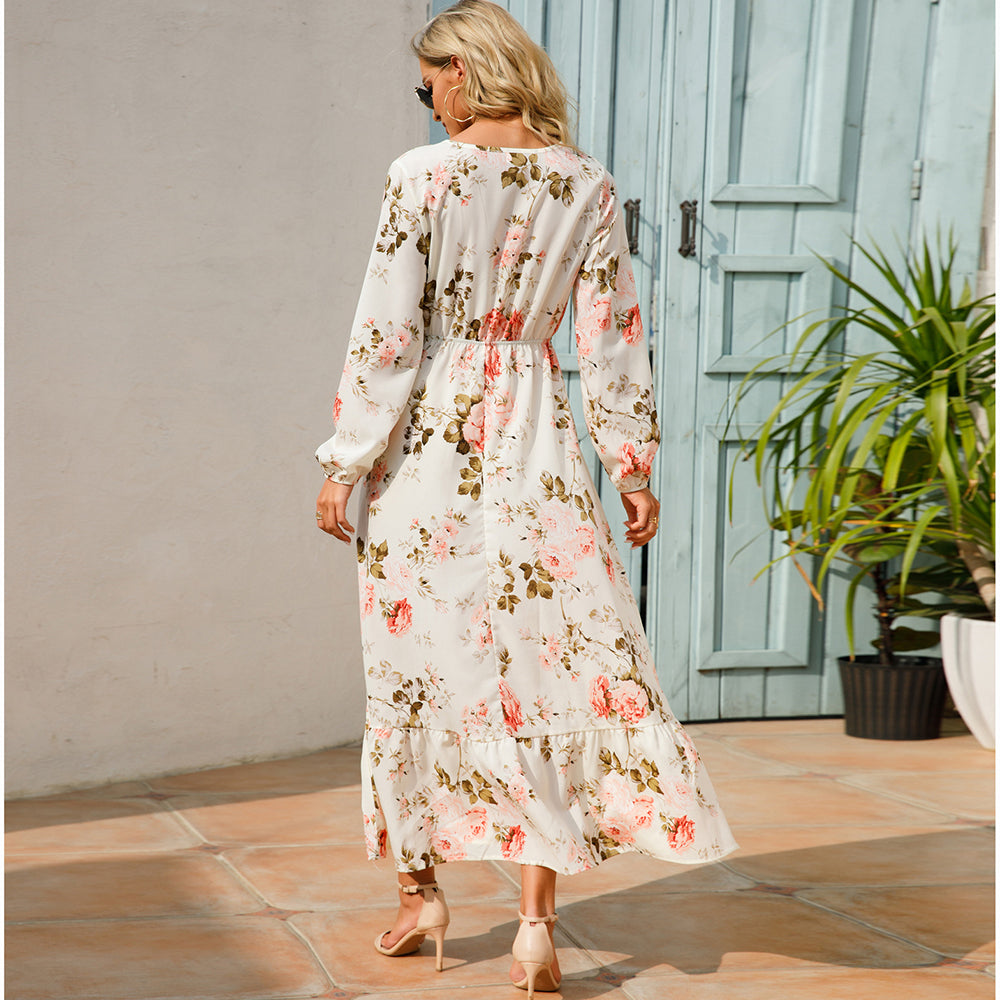 Women Maxi Dress Casual Long Sleeve High Waist   Chiffon Dress