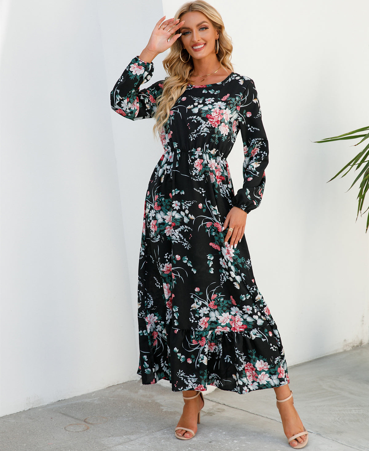 Women Maxi Dress Casual Long Sleeve High Waist   Chiffon Dress