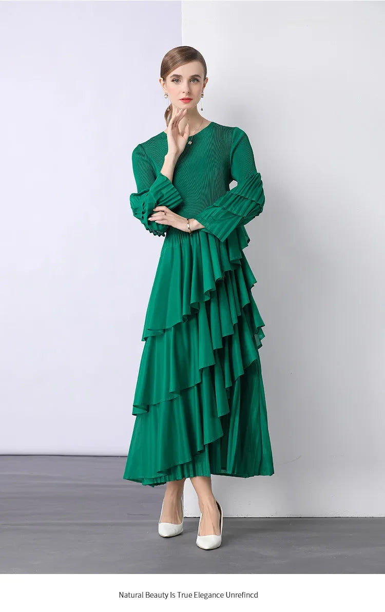 Chiffon  Long Sleeve Empire Waist Dress Draped Skirt Heavy Embellishment  Leaf Edge  Style Dress