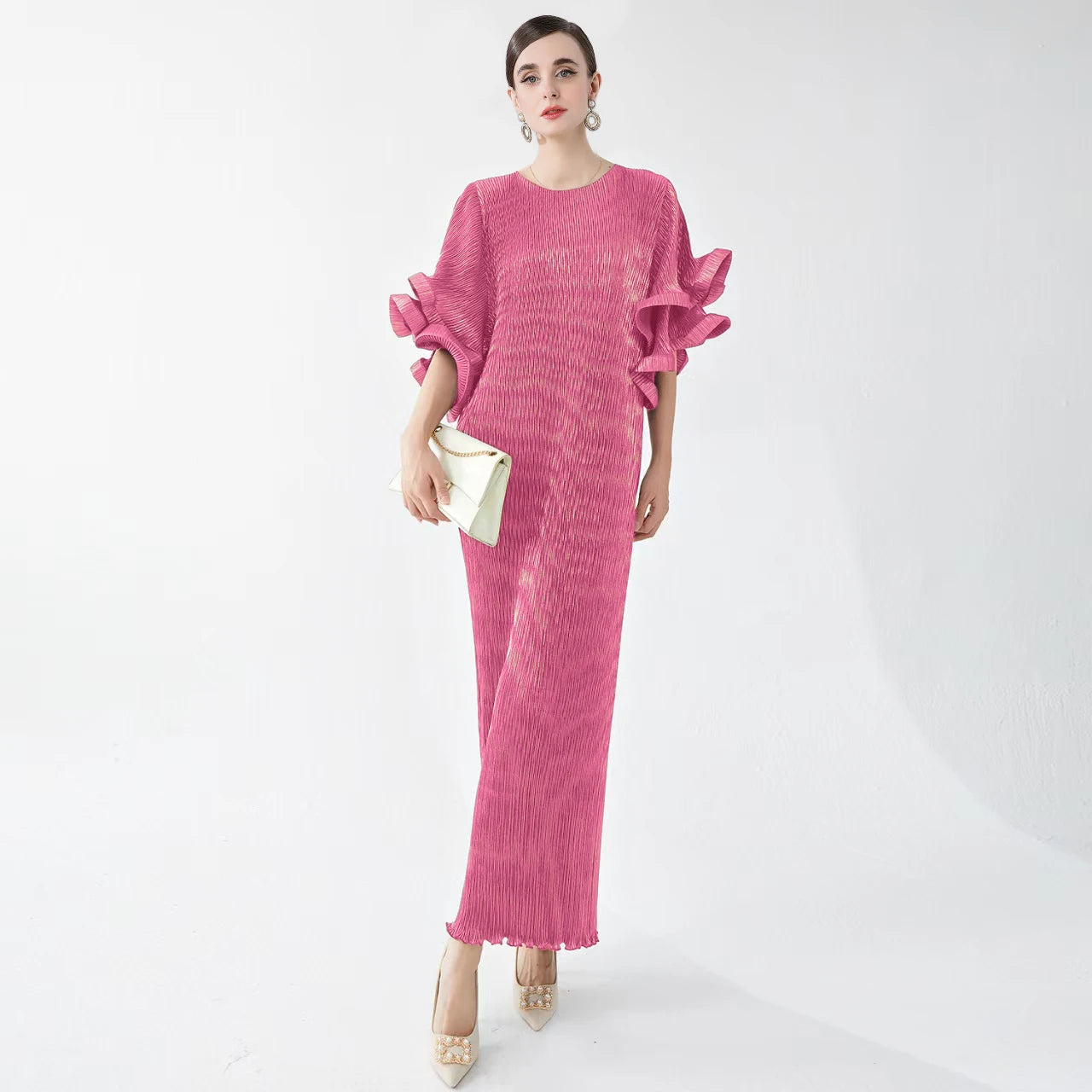 Miyake Dress for Women Looks Slim and Luxurious Round Neck Flared Sleeves with Loose Fit Gilded Pleated Elegant Dress Long Skirt