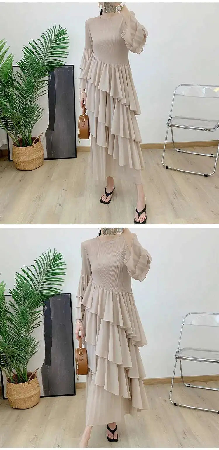 New Ruffles Pleated Dress Women Round Neck Flare Sleeves Loose Chic Long Length dress