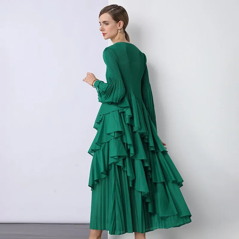Chiffon  Long Sleeve Empire Waist Dress Draped Skirt Heavy Embellishment  Leaf Edge  Style Dress