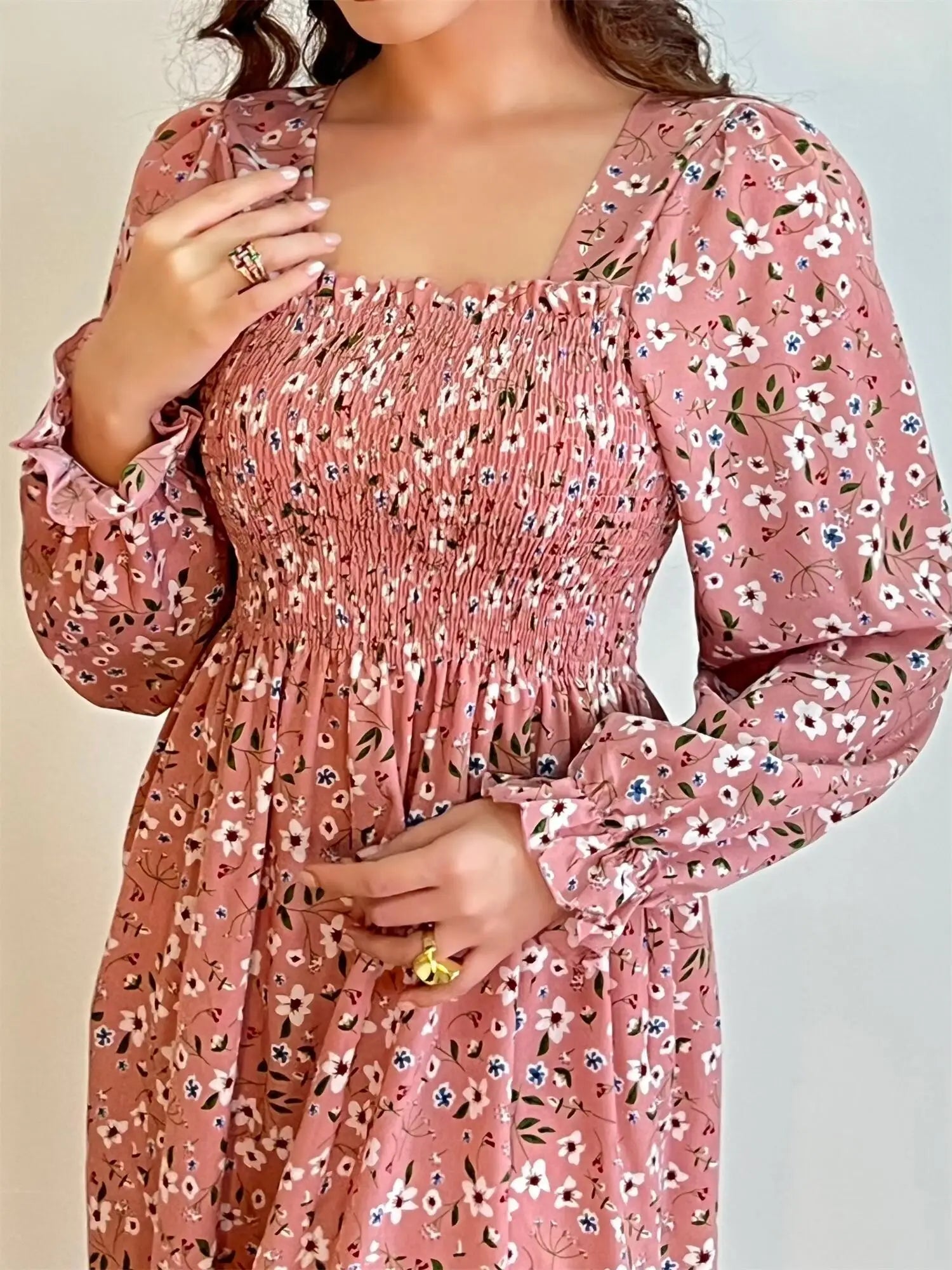 Autumn  Casual Dress Women Chiffon Dresses Long Sleeve A-line Printed Floral Elastic Chest Lace Up Midi Dresses