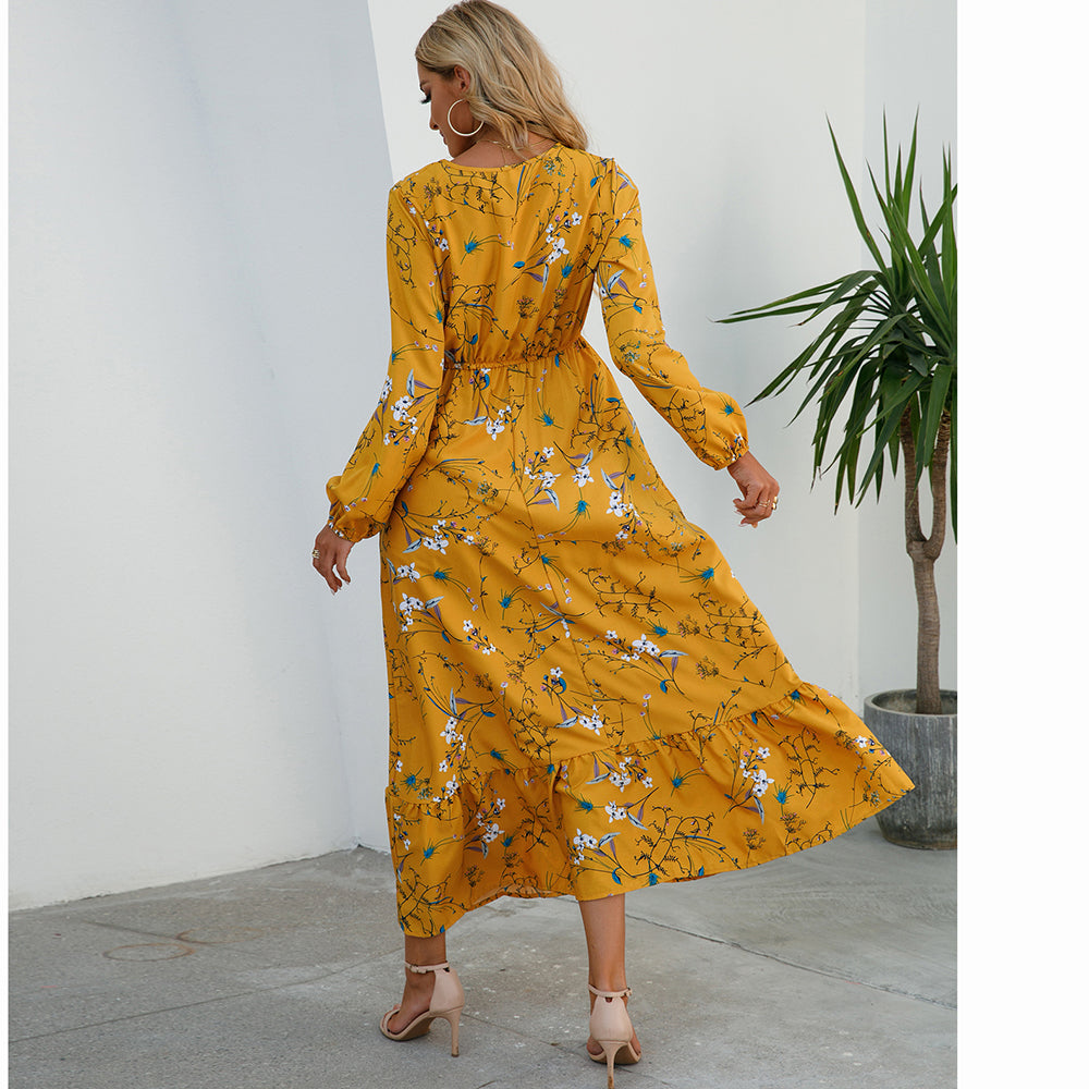 Women Maxi Dress Casual Long Sleeve High Waist   Chiffon Dress