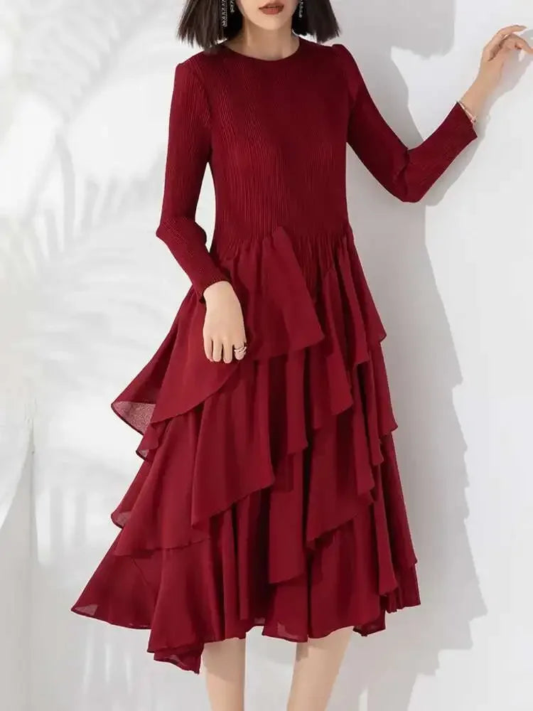 Miyake Elegant Pleated Long Dress for Women Round Neck Long Sleeves Ruffles A-line Dresses