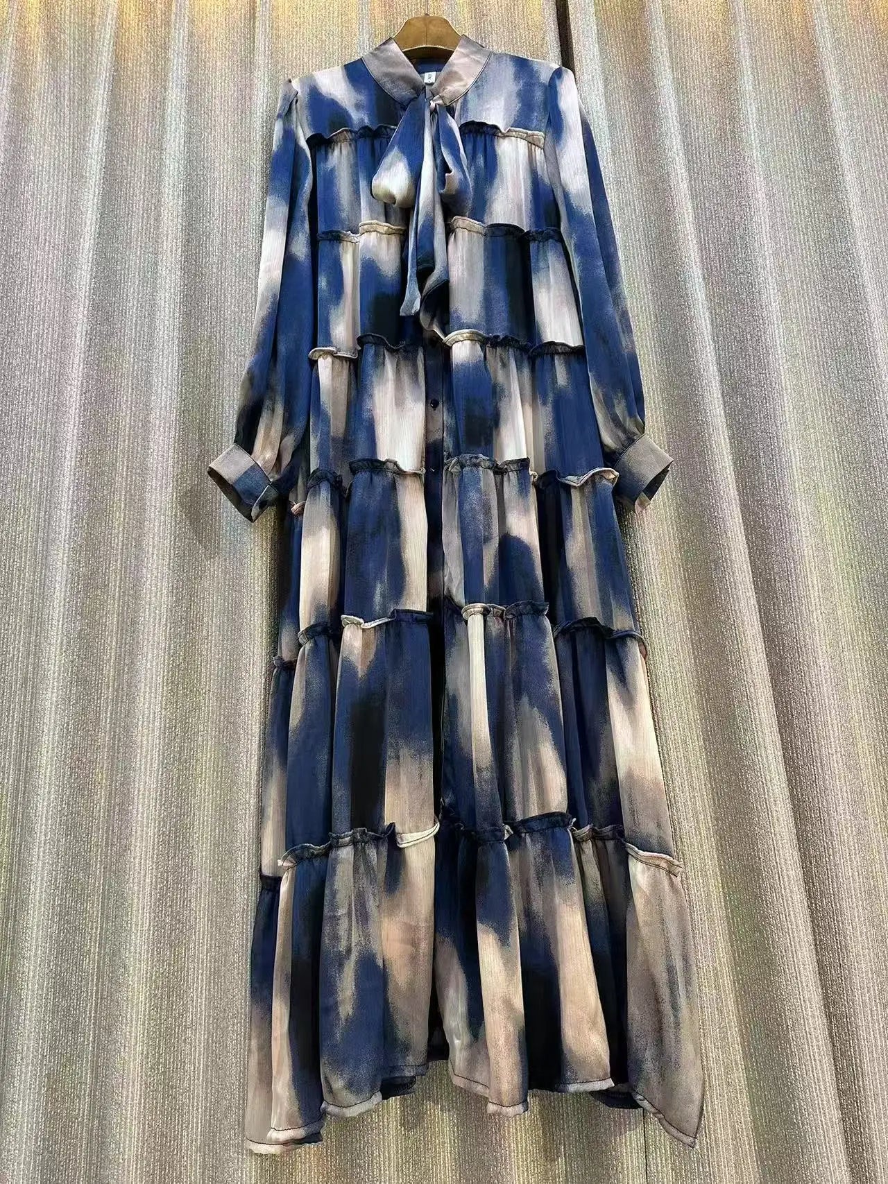 Jarlrysberg Luxury Women's Purple Print Dress  2025 Bow Neck Lantern Sleeve Ruffles Loose Fit Elegant Party Big Swing Robe