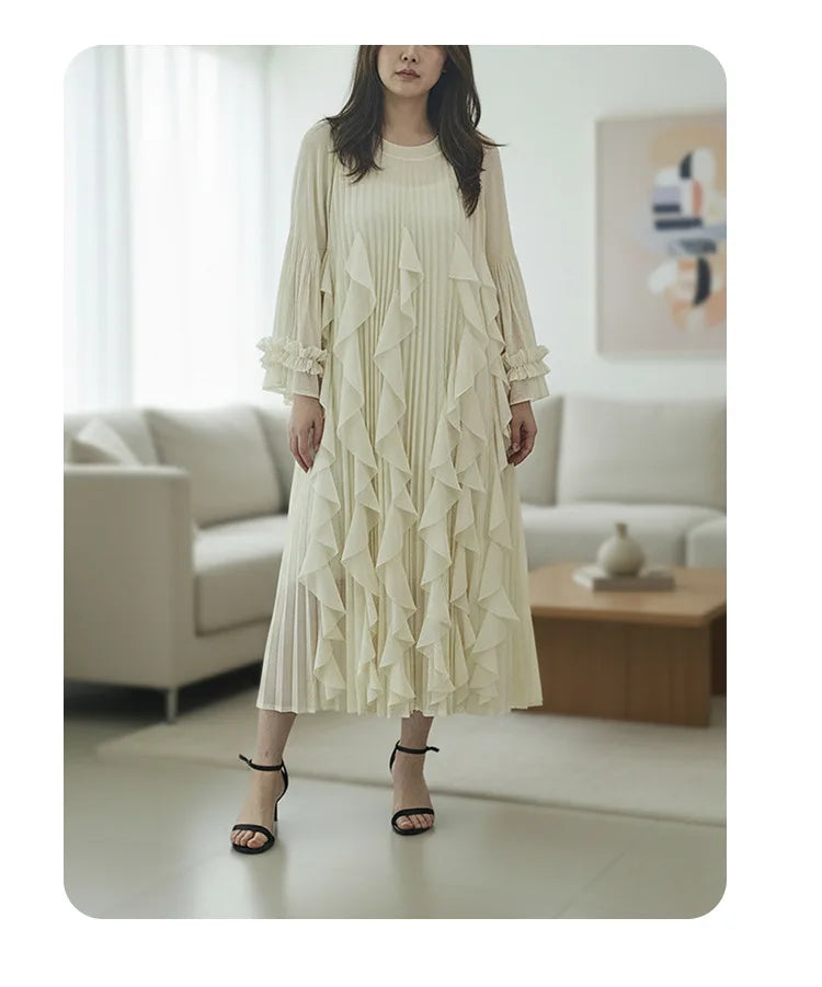 Ruffled Patchwork Design Women's Pleated Dress Loose