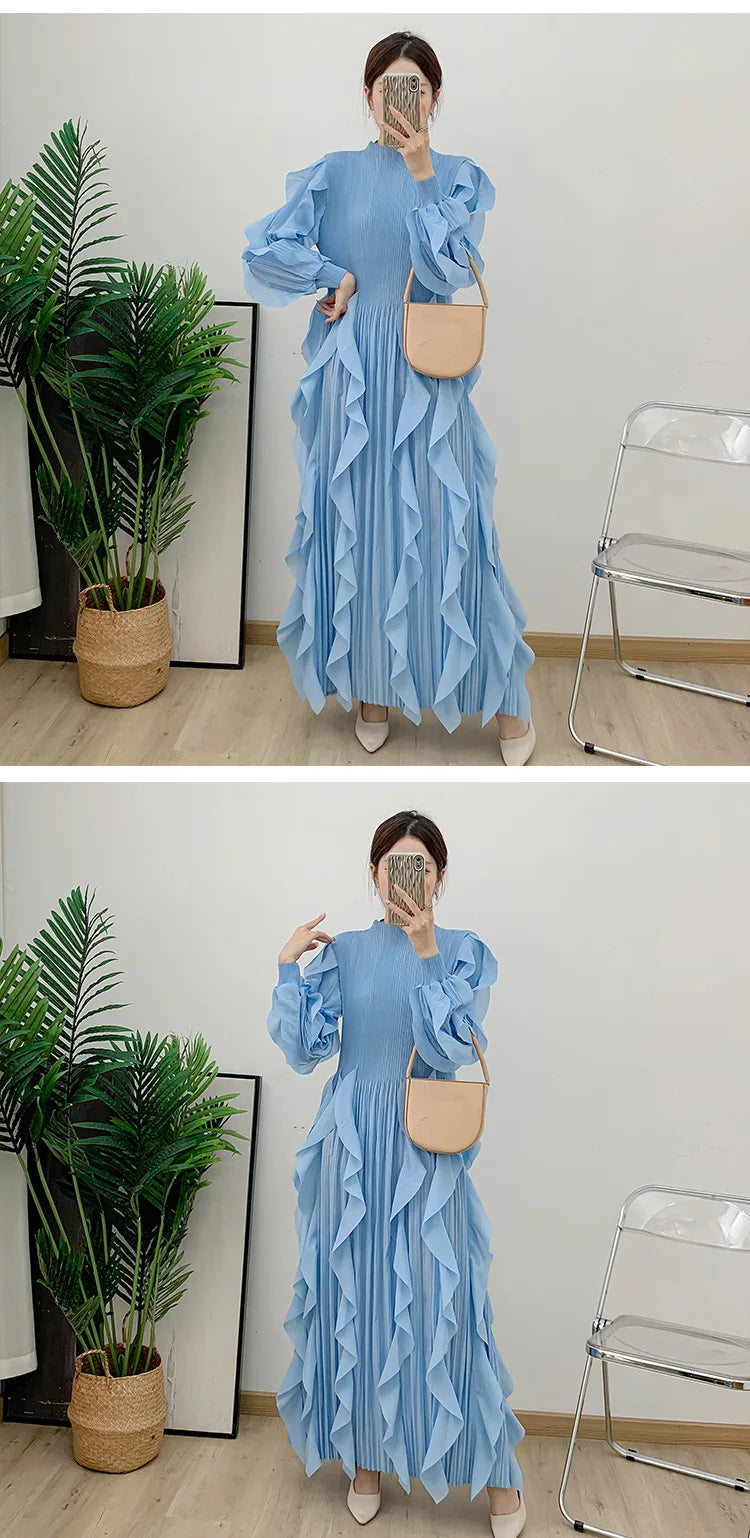 Fashion Ruffles Pleated Dress Women Round Neck Flare Sleeves Solid Maxi Dress